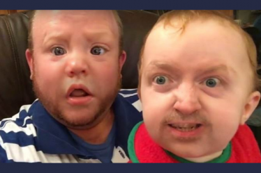 Imagem de pai e filho com rostos invertidos por app de montagem