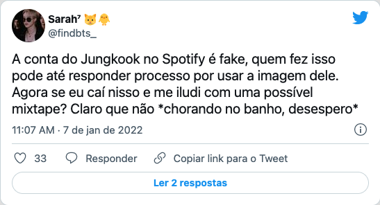 Twitter de um fã de BTS sobre banimento de conta do artista Jungkook