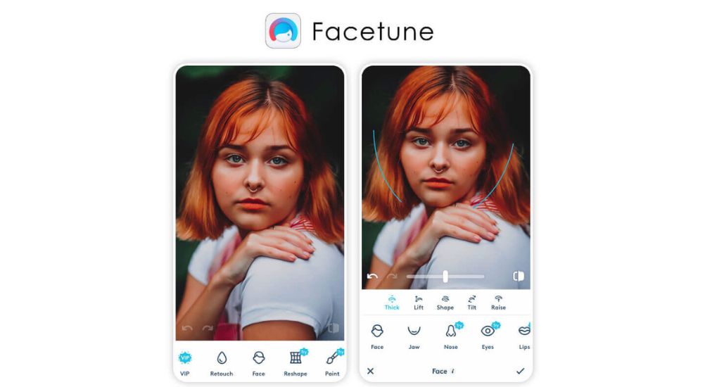 mulher com o rosto afinado pelo app de beleza.